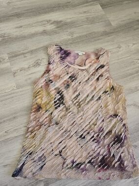 Coldwater Creek Pink Watercolor Ruffled Sleeveless Blouse